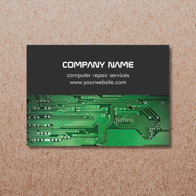 Modern Grey Green Circuit Board Computer Repair Business Card (Creator Uploaded)