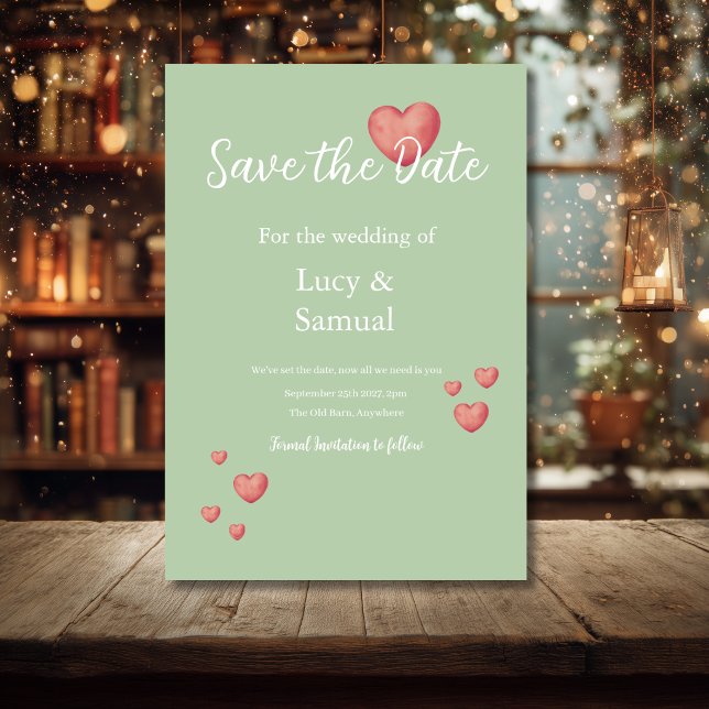 Modern Grey Green Heart Save The Date Card (Creator Uploaded)