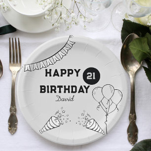 Modern Grey Happy Birthday Any year Custom  Paper Plate