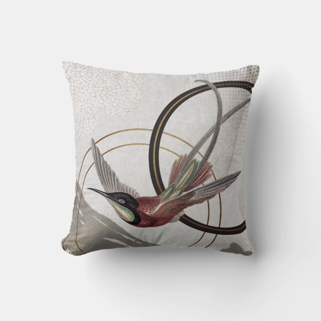 Modern Grey Hummingbird Artistic Abstract Cushion (Front)
