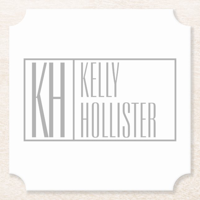 Modern Grey Initials & Name Logo Paper Coaster (Front)
