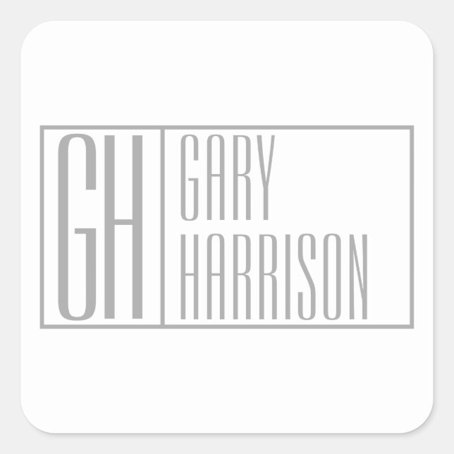 Modern Grey Initials & Name Logo Square Sticker (Front)