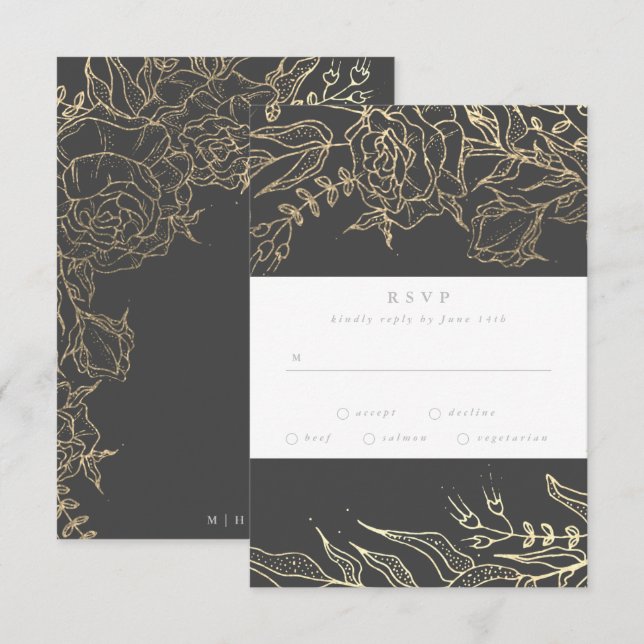 Modern Grey Iron Ore Gold Elegant Pampas Wedding RSVP Card (Front/Back)