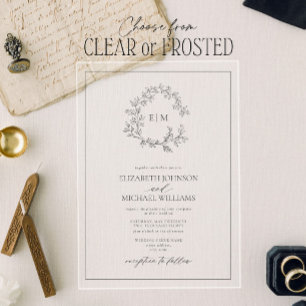 Modern Grey Leafy Crest Monogram Wedding Acrylic Invitations