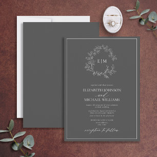 Modern Grey Leafy Crest Monogram Wedding Invitation