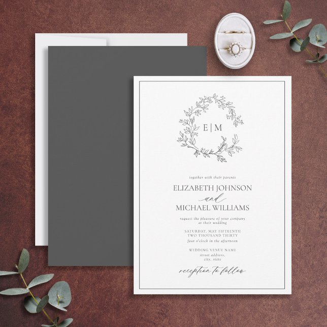 Modern Grey Leafy Crest Monogram Wedding Invitation (Creator Uploaded)