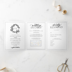 Modern Grey Leafy Crest Monogram Wedding Tri-Fold Invitation