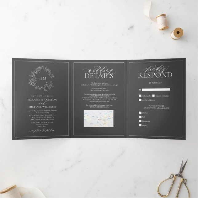 Modern Grey Leafy Crest Monogram Wedding Tri-Fold Invitation (Inside)