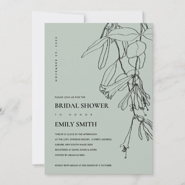 MODERN GREY LINE DRAWING FLORAL BRIDAL SHOWER CARD (Front)