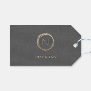 Modern Grey Linen Elegant Gold Monogram Thank You Gift Tags