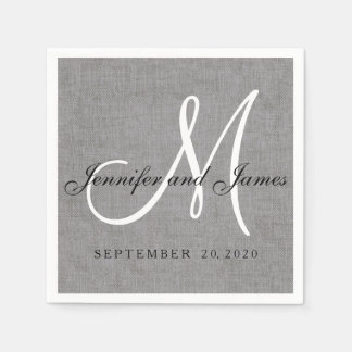 Modern Grey Linen Monogram Wedding Paper Napkins