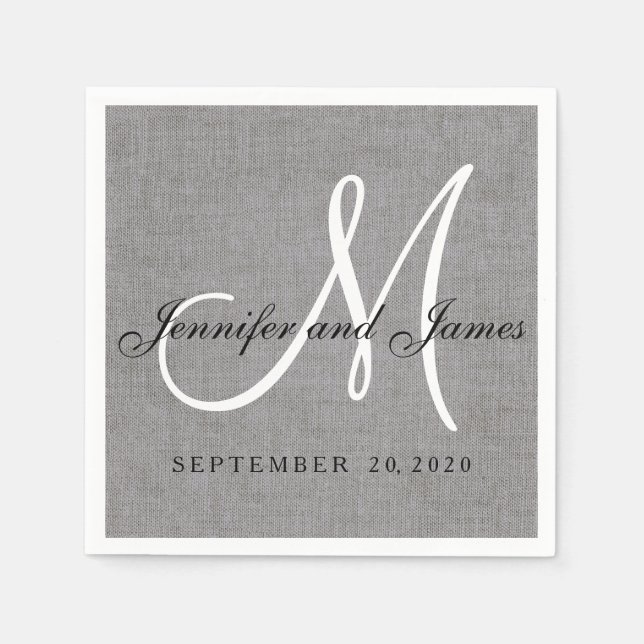 Modern Grey Linen Monogram Wedding Paper Napkins (Front)