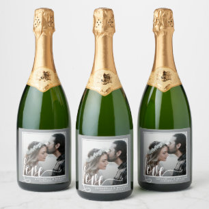 Modern Grey Love Script Photo Sparkling Wine Label