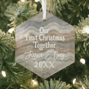 Modern grey marble Our First Christmas Together Glass Tree Decoration