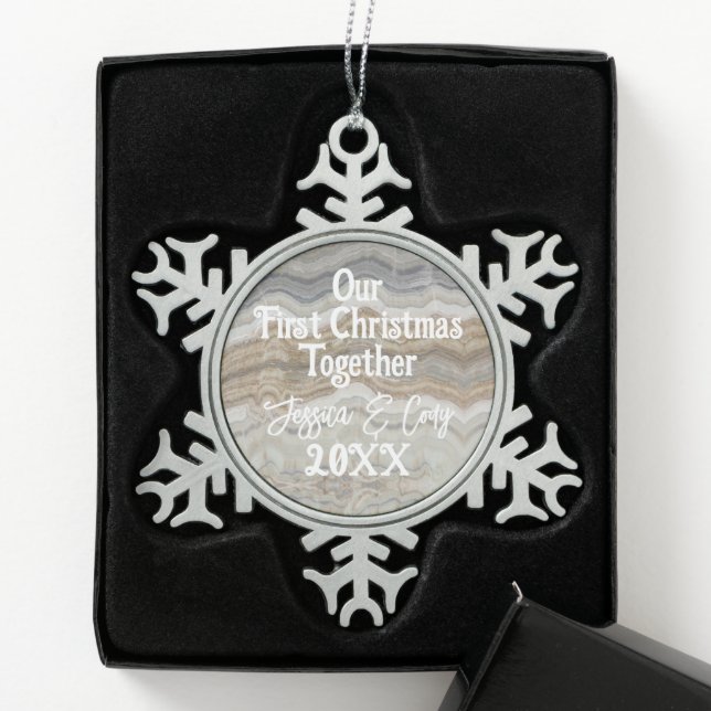 Modern grey marble Our First Christmas Together Snowflake Pewter Christmas Ornament (Box)