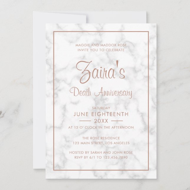 Modern Grey Marble Rose Gold Death Anniversary Invitation (Front)