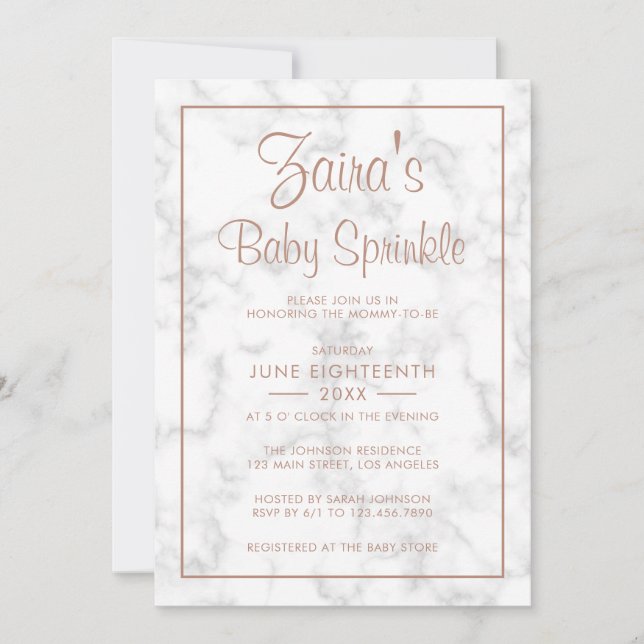 Modern Grey Marble Rose Gold Girl Baby Sprinkle Invitation (Front)
