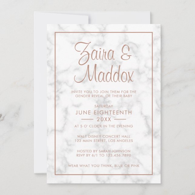 Modern Grey Marble Rose Gold Script Gender Reveal Invitation (Front)