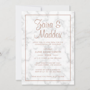 Modern Grey Marble Rose Gold Script Gender Reveal Invitation