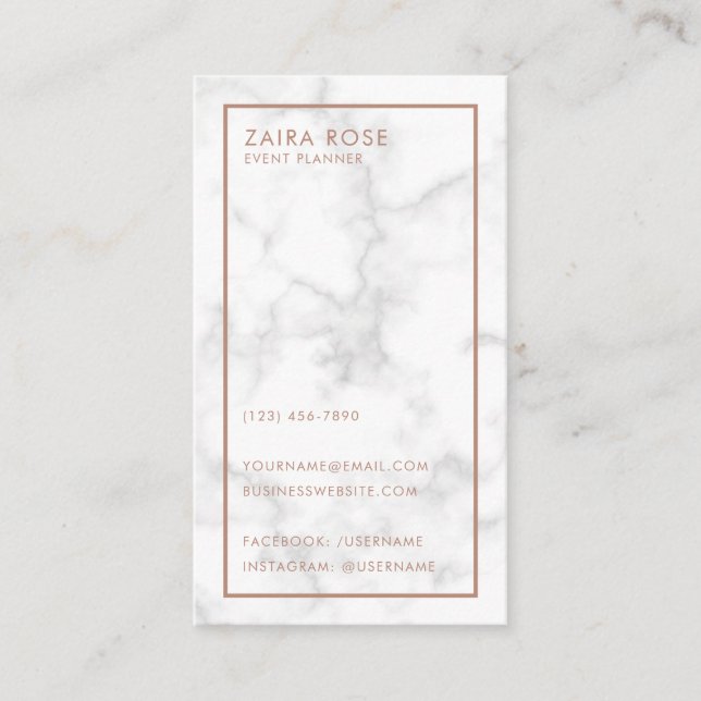 Modern Grey Marble w/ Rose Gold Monogram Vertical Business Card (Front)