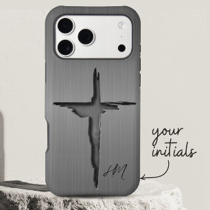 Modern Grey Metal Etched Christian Cross Monogram