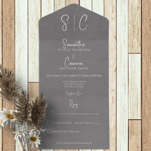 Modern Grey Minimal Monogram No Dinner All In One Invitation (Creator Uploaded)