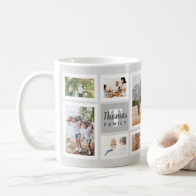 Modern Grey Monochrome Family Photo Collage Coffee Mug (With Donut)
