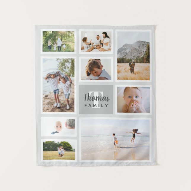 Modern Grey Monochrome Family Photo Collage Tapestry (Front)