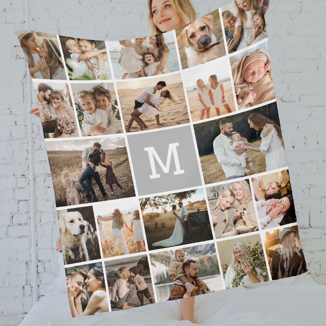 Modern Grey Monogram 22 Photo Collage Fleece Blanket (Creator Uploaded)