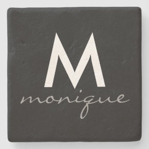 Modern Grey Monogram Cursive Stone Coaster