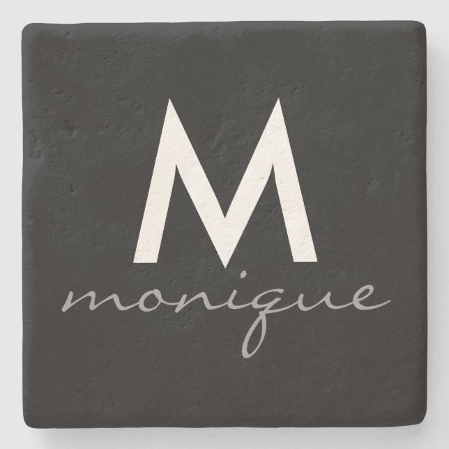 Modern Grey Monogram Cursive Stone Coaster (Front)