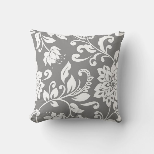 Modern Grey Monogram & Damask Throw Pillow (Front)
