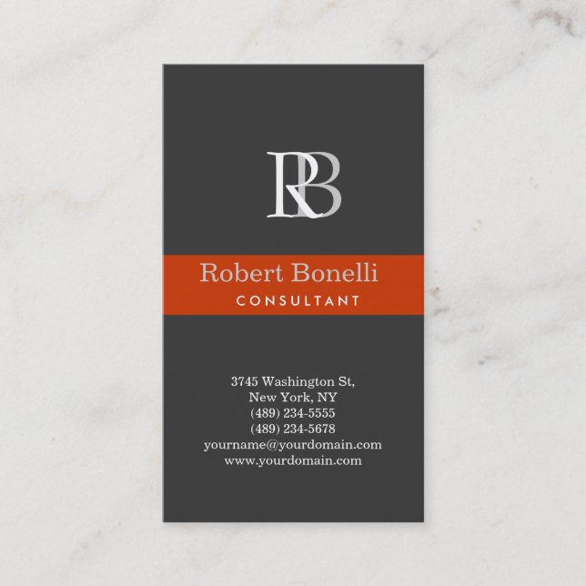 Modern Grey Monogram Orange Stripe Business Card (Front)