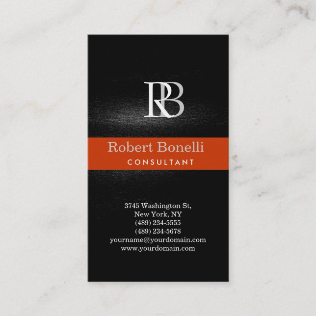 Modern Grey Monogram Orange Stripe Business Card (Front)
