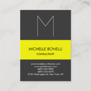 Modern grey monogram yellow striped business card