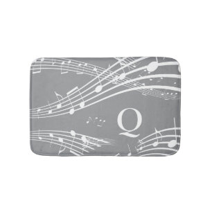 Modern Grey Music Notes Monogram Bath Mat
