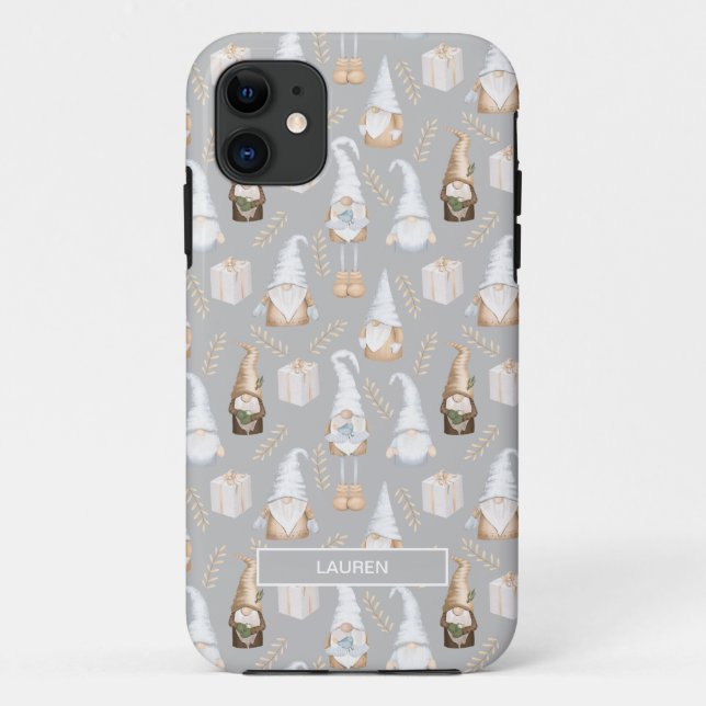Modern Grey Neutral Gnome Christmas Name Pattern   Case-Mate iPhone Case (Back)