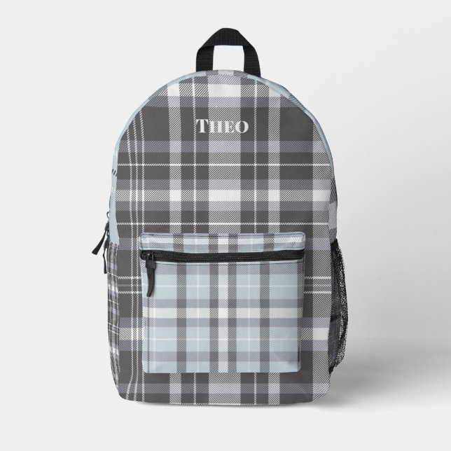 Modern grey neutral plaid with name printed backpack (Front)
