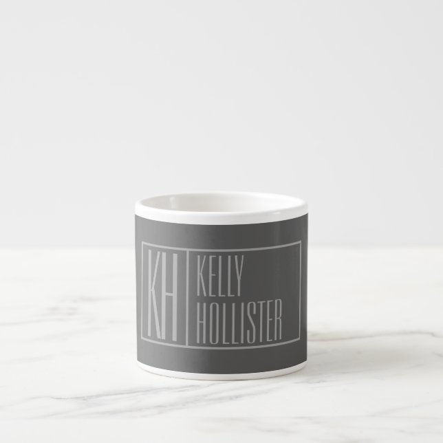 Modern, Grey on Dark Grey, Initials & Name Logo Espresso Cup (Front)