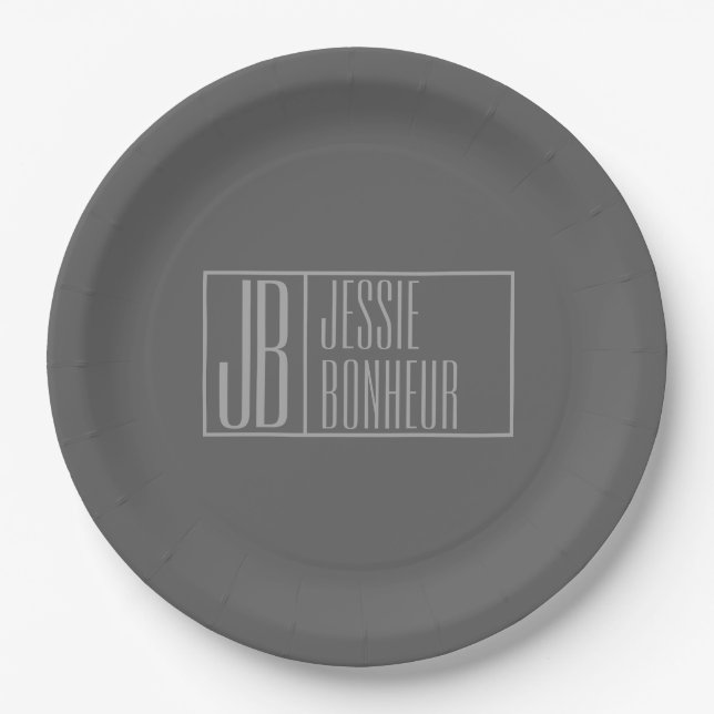 Modern, Grey on Dark Grey, Initials & Name Logo Paper Plate (Front)