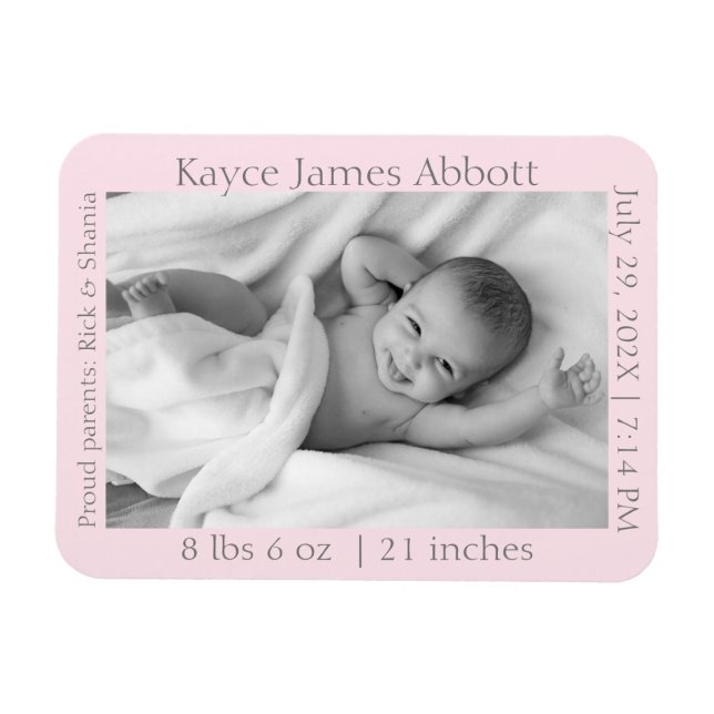 Modern Grey on Pastel Pink Birth Announcement Magnet (Horizontal)