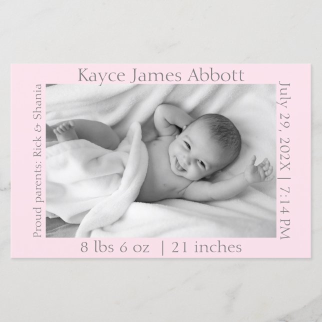 Modern Grey on Pastel Pink Birth Scrapbook Paper (Front)