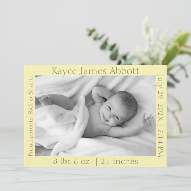 Modern Grey on Pastel Yellow Baby Announcement  (Standing Front)