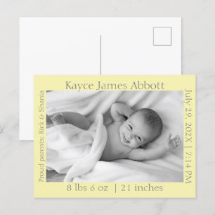Modern Grey on Pastel Yellow Baby Announcement Postcard