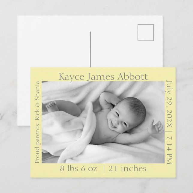 Modern Grey on Pastel Yellow Baby Announcement  Postcard (Front/Back)