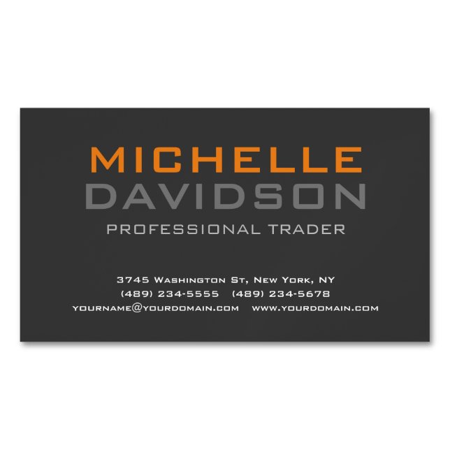 Modern Grey Orange Bold Text Minimalist Elegant Magnetic Business Card (Front)
