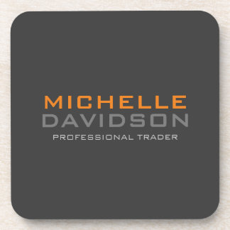 Modern Grey Orange Bold Text Minimalist Name Coaster