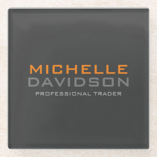 Modern Grey Orange Bold Text Minimalist Name Glass Coaster