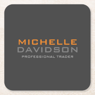 Modern Grey Orange Bold Text Minimalist Name Square Paper Coaster