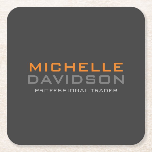 Modern Grey Orange Bold Text Minimalist Name Square Paper Coaster (Front)